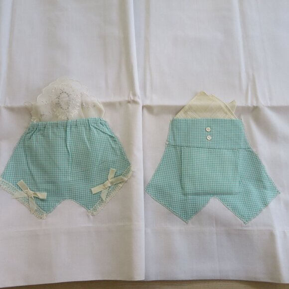 Vintage Stevens Pillowcase Set Boy Girl Gingham Pants Pocket Handkerchief Accent - Picture 8 of 13